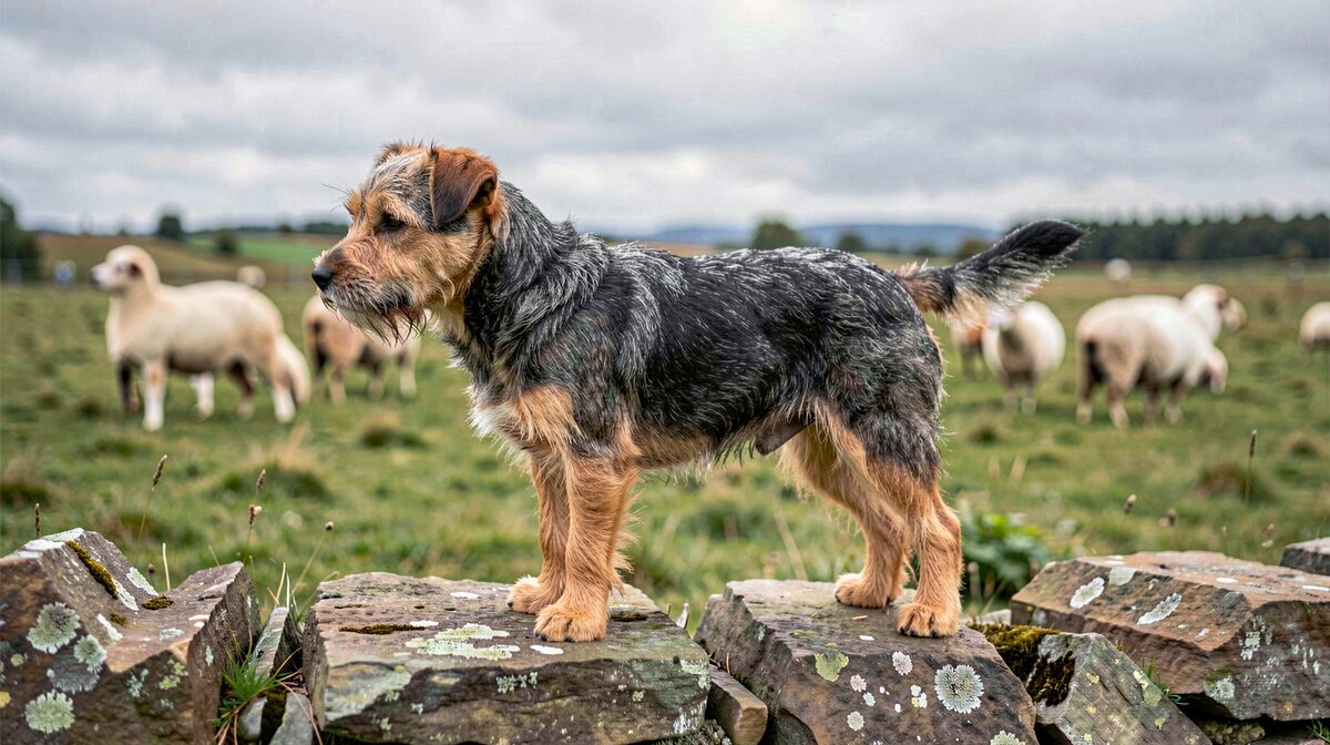 En grizzle och tan-färgad borderterrier står i sidoprofil på en lavklädd stenmur vid en fårhage en mulen dag, med gråsprängd rygg och rödbruna ben, betande får suddiga i bakgrunden.