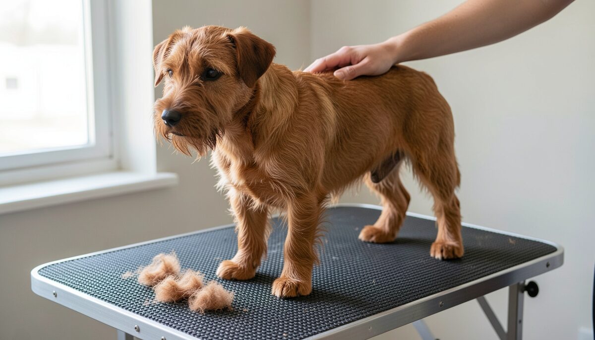 En röd strävhårig borderterrier står på ett trimbord vid ett fönster, en hand vilar på ryggen och plockade hårtussar ligger på den svarta gummimattan.