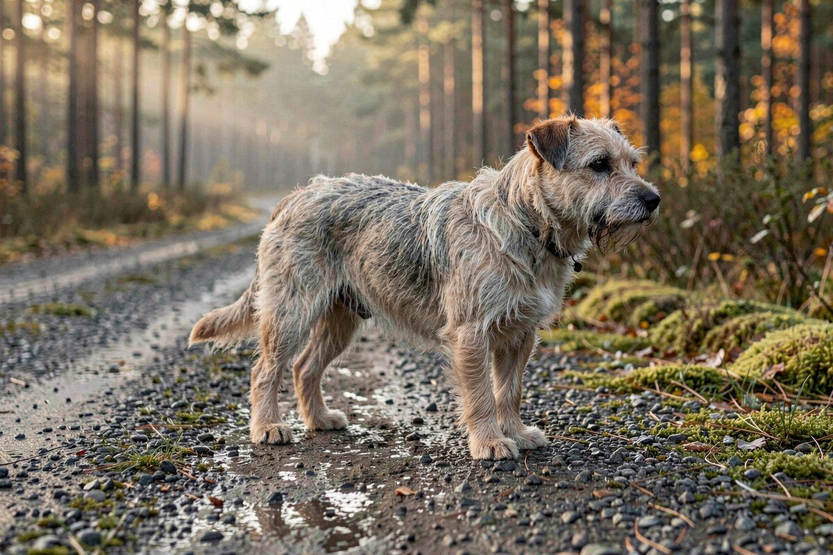 En strävhårig borderterrier står på en blöt grusväg i en tallskog en tidig höstmorgon, mossa och gula löv vid vägkanten, dimma mellan stammarna, ingen människa i bild.