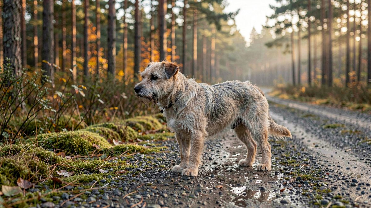 En borderterrier i koppel på en grusväg i skogsbrynet en tidig höstmorgon, strävhårig päls, ingen människa i bild, ingen text