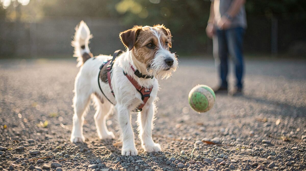 En ung border terrier i sele står på en grusplan i morgonljus, med en kastad boll i luften strax framför nosen, föraren syns suddig i bakgrunden, kameran i ögonhöjd på hunden.